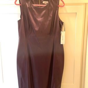 Calvin Klein Womens Brown Faux Leather Trim Belted Sheath Dress Petites NWT